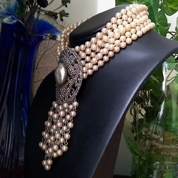 RARE SANDOR 7-Layer Glass Pearl Choker w L W PARIS Cut Steel Slide Buckle - Picture 4 of 16